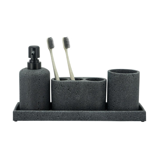 Black Bathroom Accessories Set 4 Pcs - Toothbrush Holder, Soap Dispenser, Vanity Tray, Bathroom Tumbler - Countertop