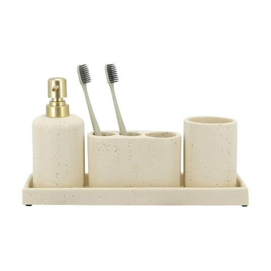 Beige Bathroom Accessories Set 4 Pcs - Toothbrush Holder, Soap Dispenser, Vanity Tray, Bathroom Tumbler - Countertop