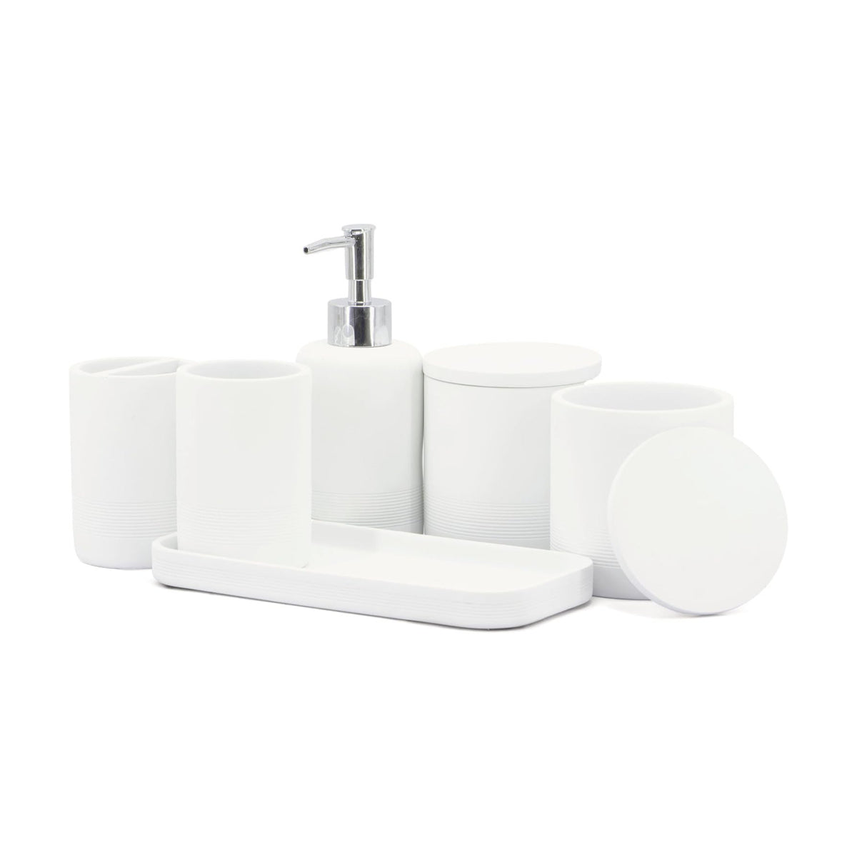 White Bathroom Accessories Set 6 Pieces - Toothbrush Holder, Lotion Dispenser, Qtip Container, Vanity Tray, Tumbler