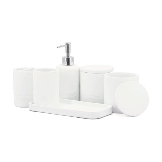 White Bathroom Accessories Set 6 Pieces - Toothbrush Holder, Lotion Dispenser, Qtip Container, Vanity Tray, Tumbler