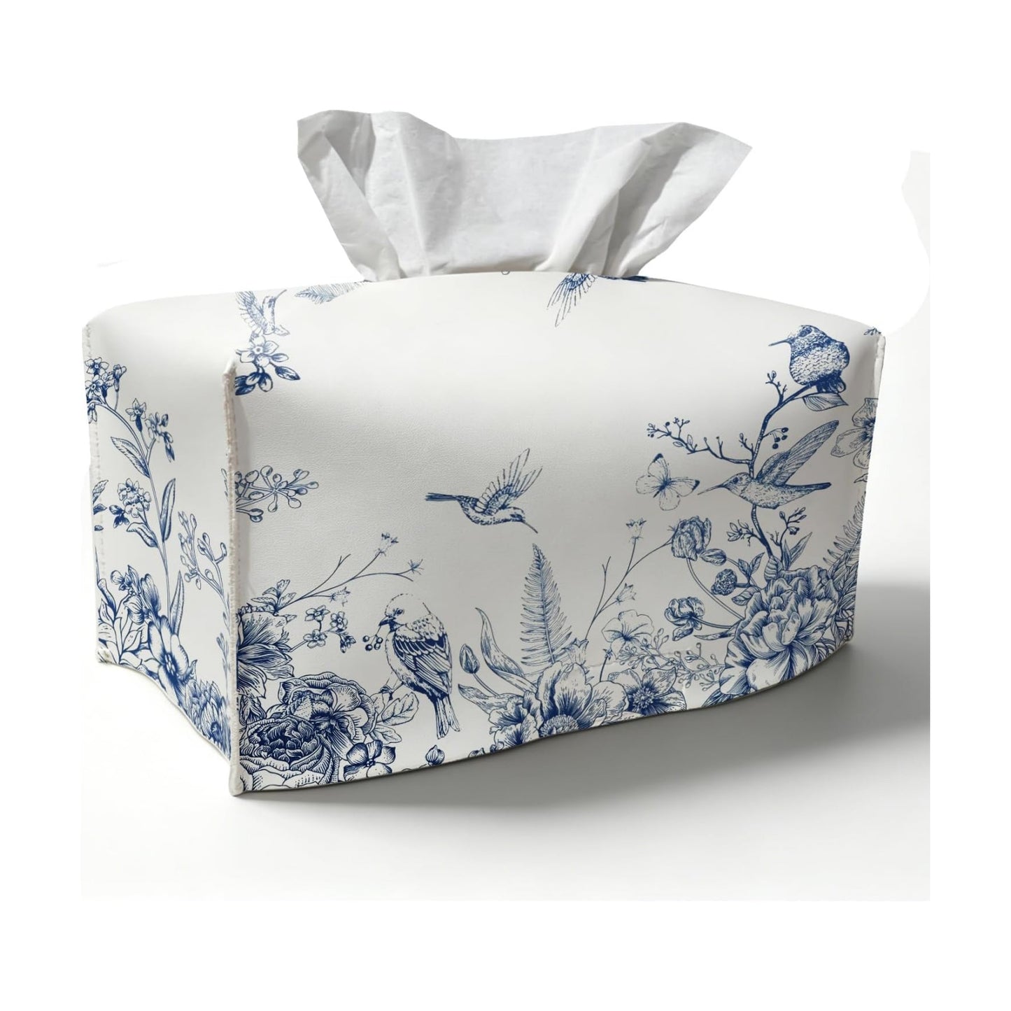 Chinoiserie Flower Toile Tissue Box Holder / Floral Bird Blue