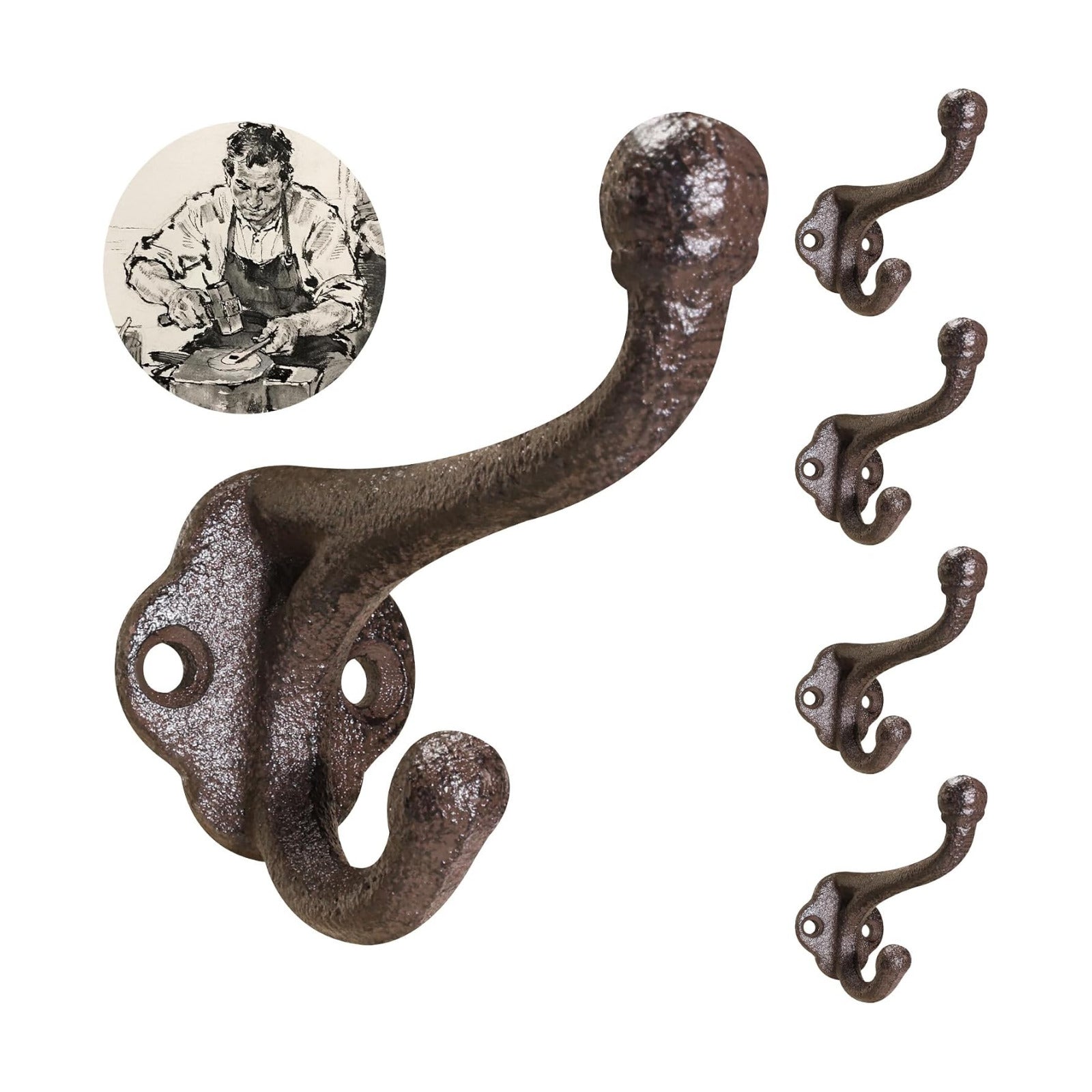 Rustic Cast Iron Coat Hooks Wall Mounted / Brown / Set of 5