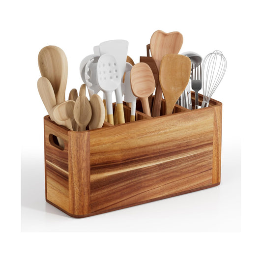Utensil Holder for Kitchen Counter, Extra Large Utensil Holder for Countertop with 4 Compartments Wooden Cooking