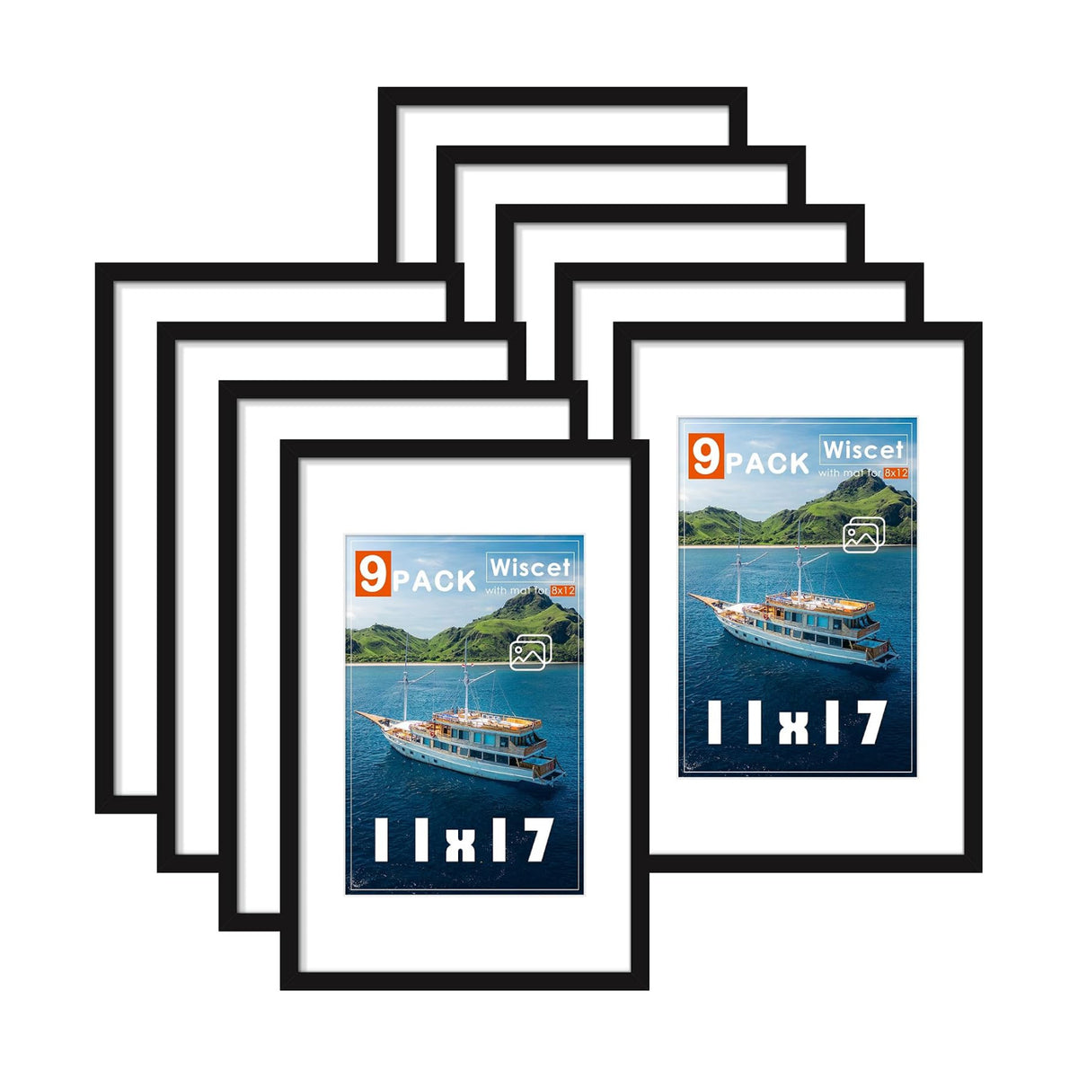 Wiscet 11x17 Picture Frame Set of 9, for Wall Hanging Display, Black | Display Pictures 8x12 with Mat or 11x17 without