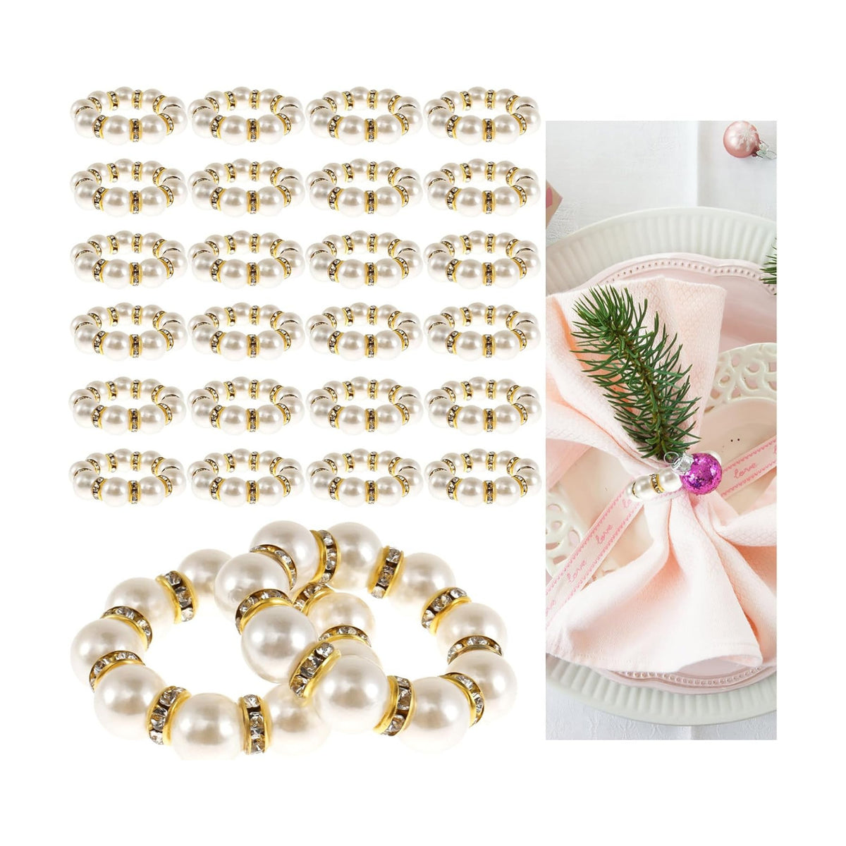 240 Pcs Gold Pearl Napkin Rings, Imitation Pearl Ring Napkin Holder, Delicate Disposable White & Gold Napkins Rings