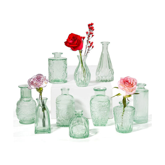 Vintage Small Glass Vases / Sage Green / Set of 10