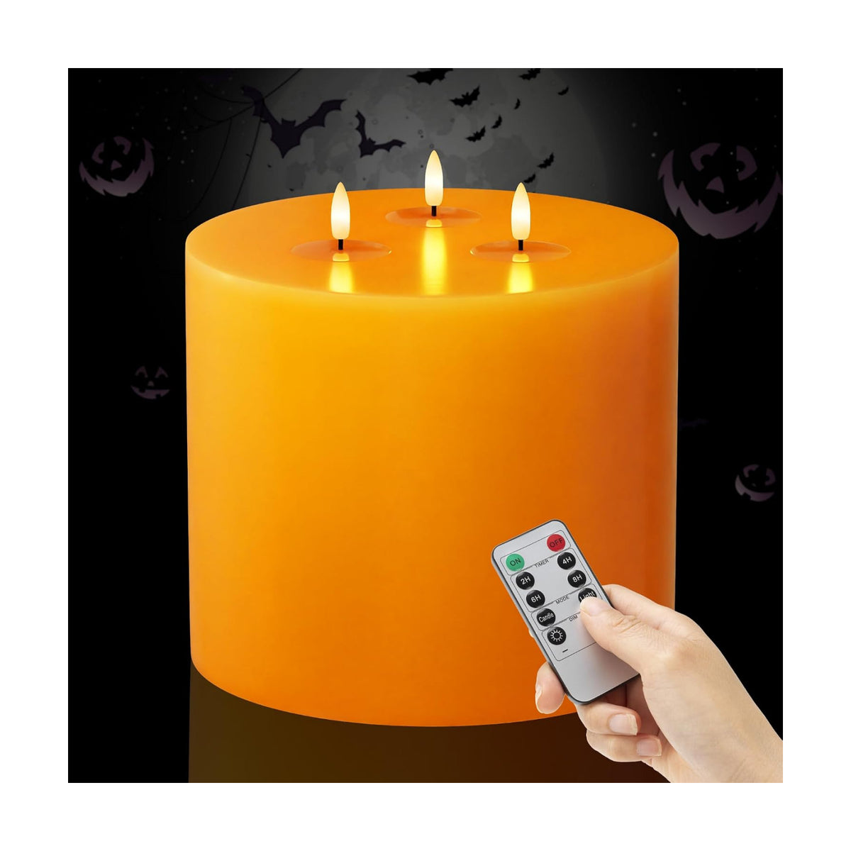 Orange Extra Large Flameless Candles, 6"x6" Battery Operated Candles with Remote, Real Wax Flickering LED Candles with