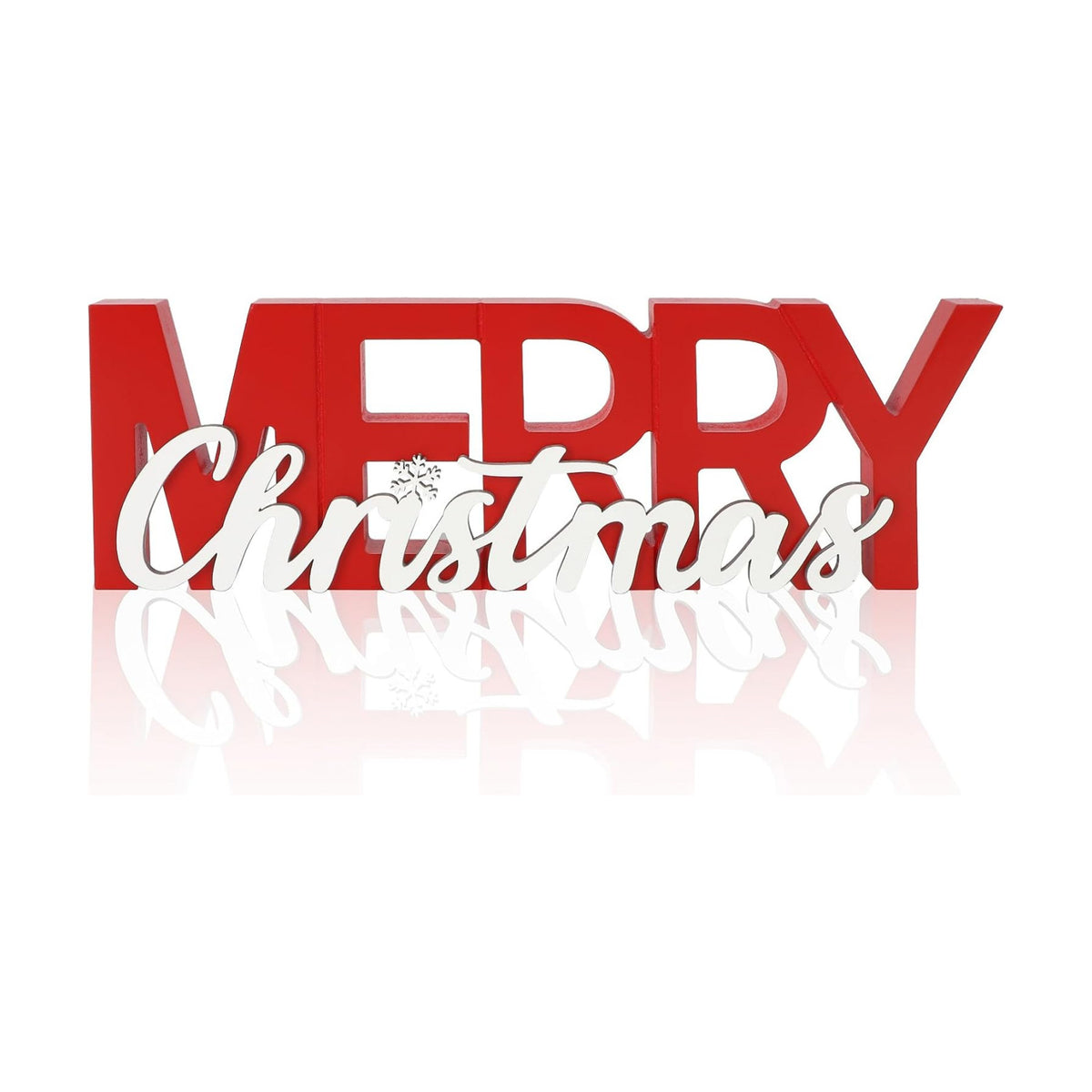 COCHIE Wooden Merry Christmas Sign, Winter Decorations for Home, Office, Shelf, Mantel, Indoor, Wood Snowflake Decor, Red White Table Top Party Decoration (Merry Christmas)