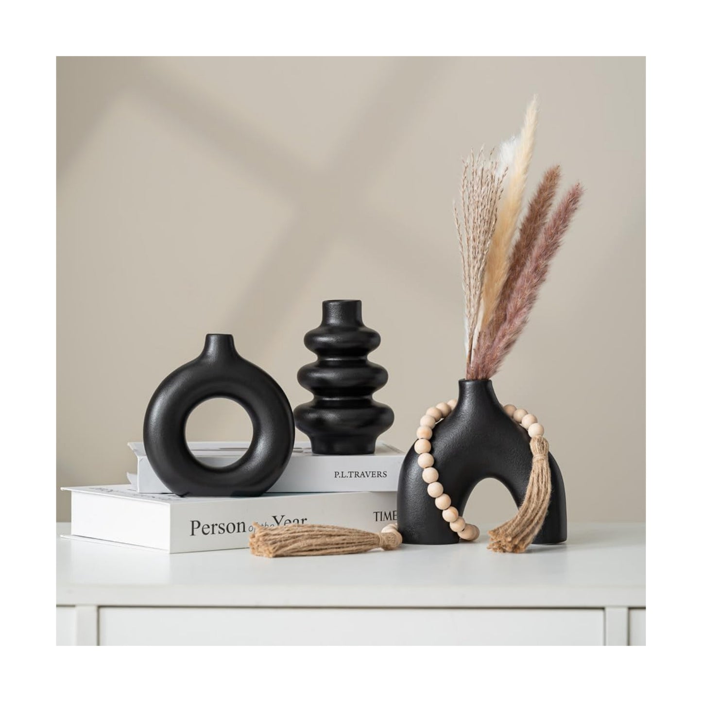 White Ceramic Vase / Black Set / Set of 3