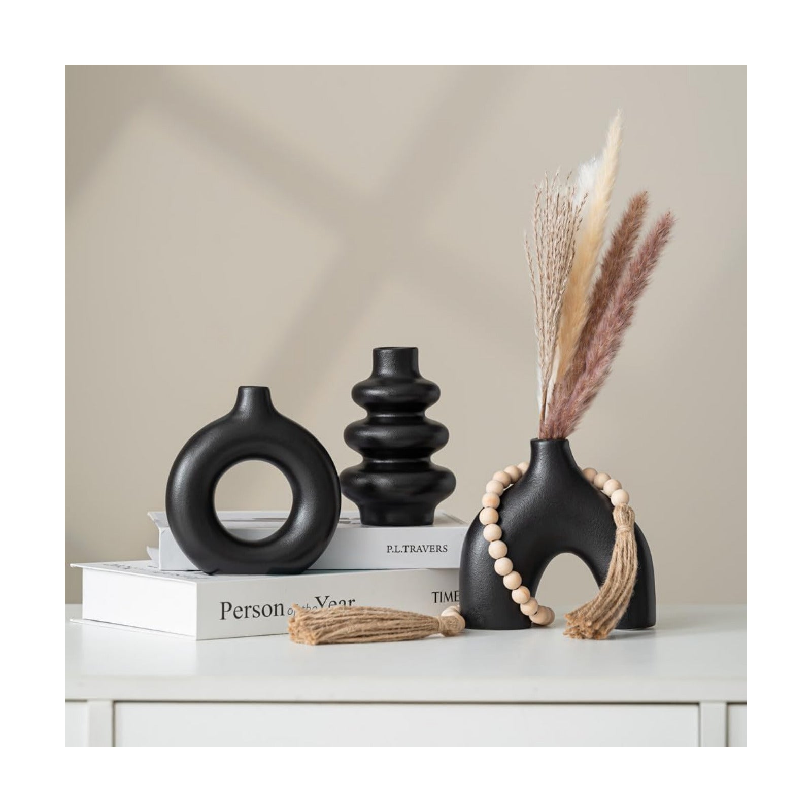 White Ceramic Vase / Black Set / Set of 3