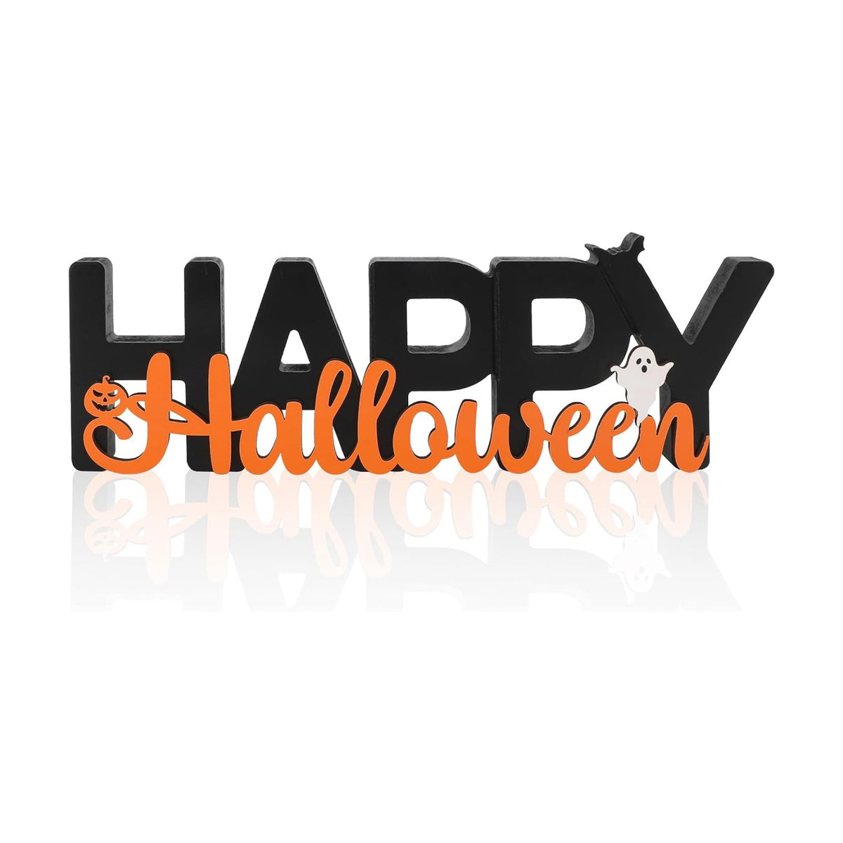 COCHIE Wooden Happy Halloween Sign, Ghost Decorations for Home, Office, Shelf, Mantel, Indoor, Wood J-o-lantern Pumpkin Decor, Black Orange Spooky Table Top Party Decoration (Happy Halloween)