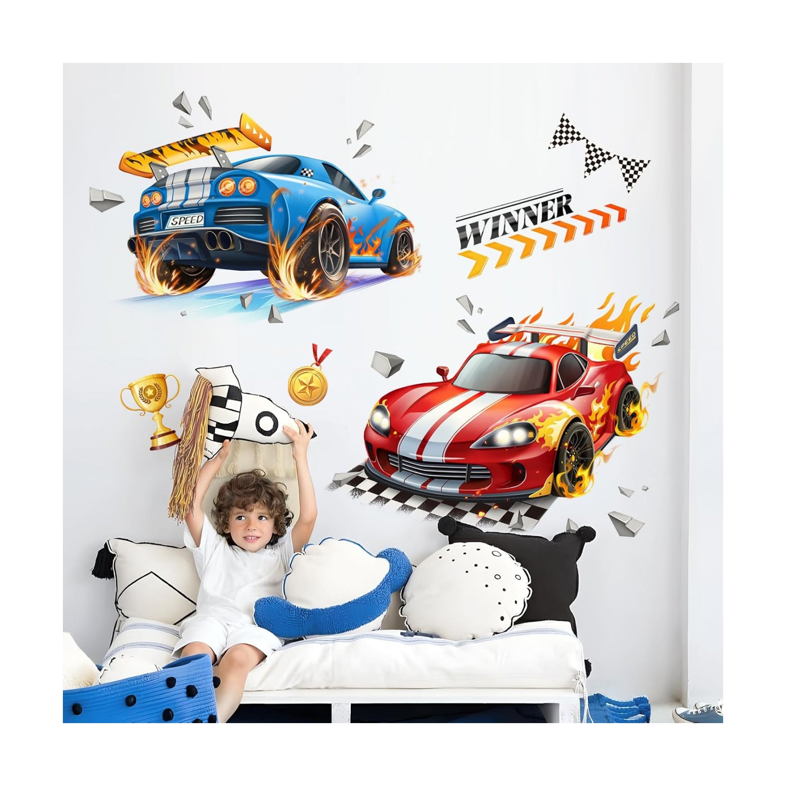 3D Racing Car Wall Decals Blue Flame Trophies Wall Stickers Peel and Stick Wall / Sports Car / Red