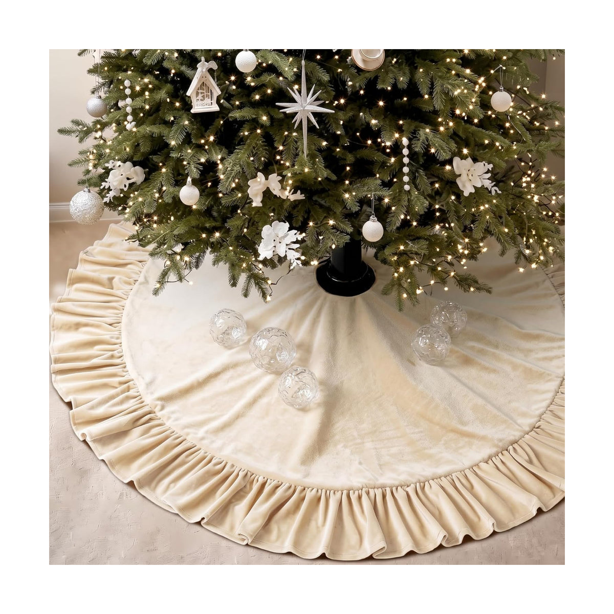 Velvet Christmas Tree Skirt, 48 Inches, Bow Style, Ivory White