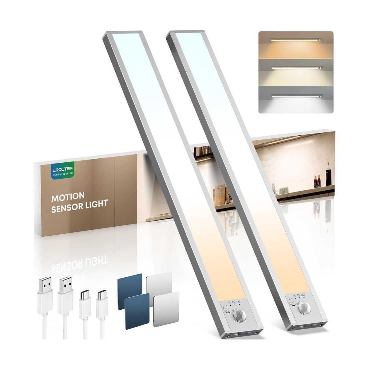 LROLTEF Under Cabinet Lights Wireless, 2 Pack 15.7 inch 1500mAh 3000K 4000K 6500K 3 Color Temps Dimmable Motion Sensor