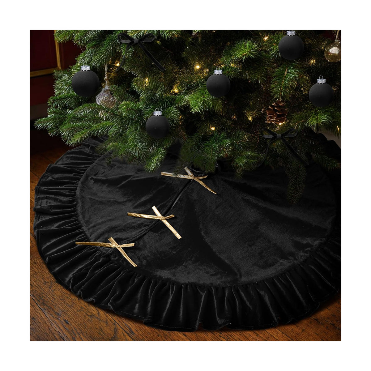 Velvet Christmas Tree Skirt, 48 Inches, Bow Style, Black