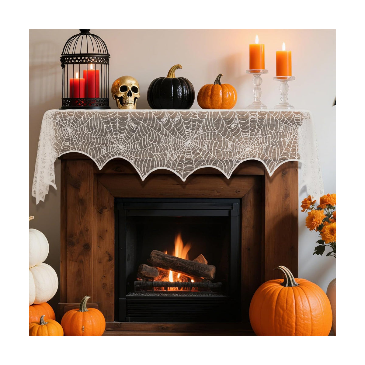 2 Pcs Halloween Mantle Scarf, White Lace Spiderweb Fireplace Mantel Scarf, Halloween Fireplace Decor Cover Garland for Door Window Indoor Curtain Festive Party Supplies, 18 x 83 Inch