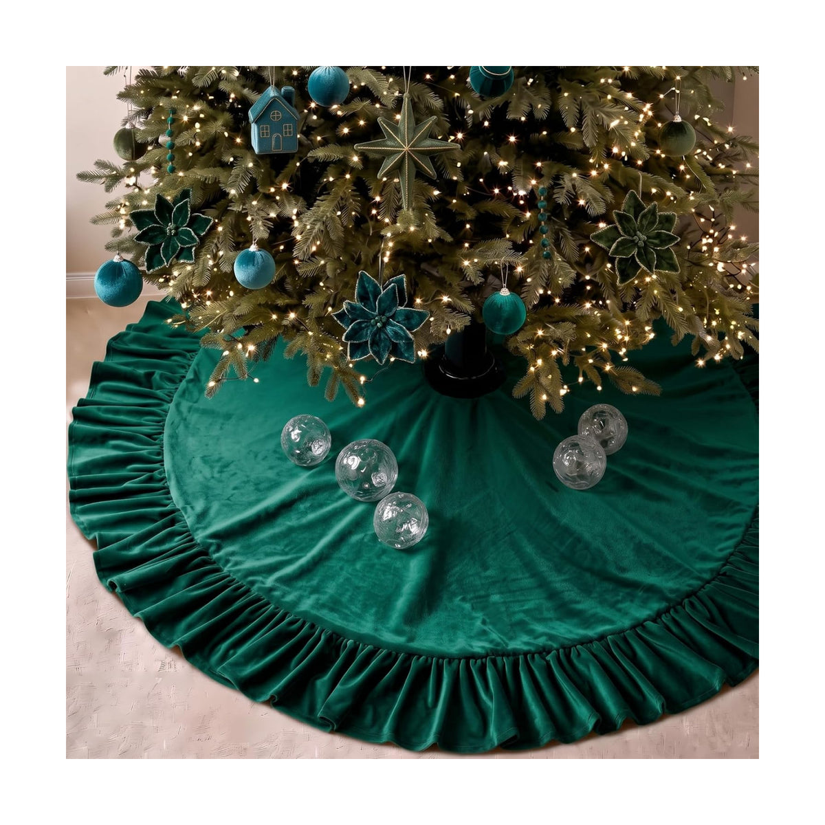 Velvet Christmas Tree Skirt, 60 Inches, Bow Style, Dark Green