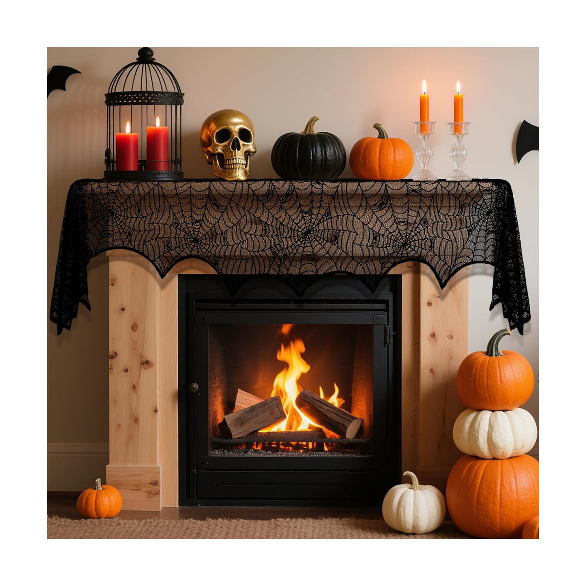 2 Pcs Halloween Mantle Scarf, Black Lace Spiderweb Fireplace Mantel Scarf, Halloween Fireplace Decor Cover Garland for Door Window Indoor Curtain Festive Party Supplies, 18 x 83 Inch