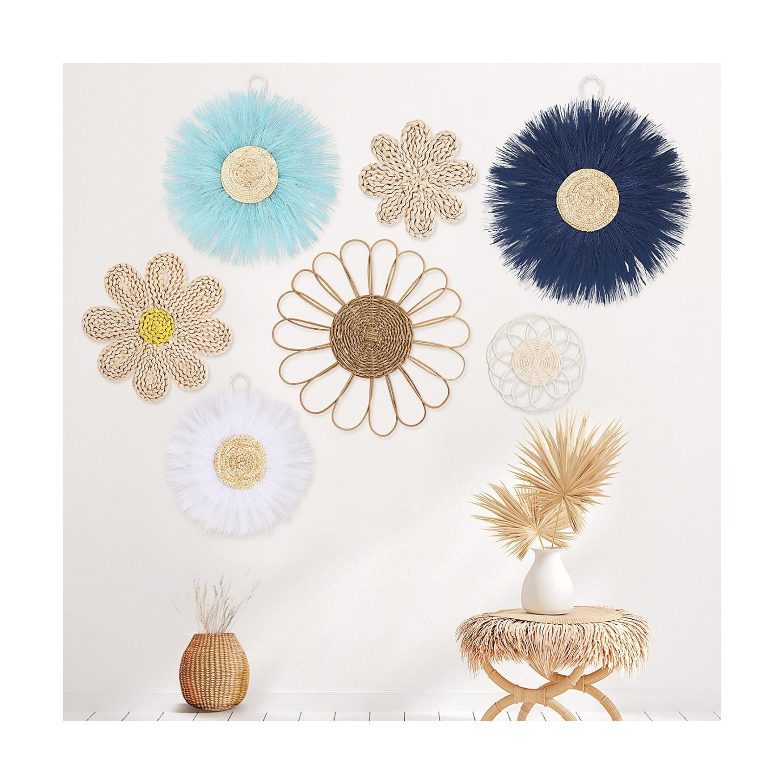 Boho Wall Basket Decor Rattan Flower Wall Decor Nursery Daisy Flower Woven Macrame / Blue / Set of 7