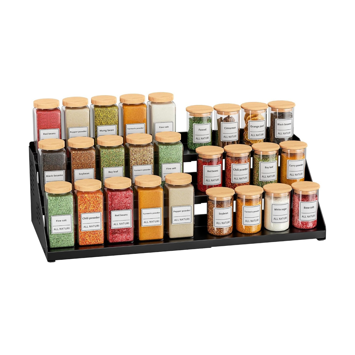 BOIVSHI 3 Tier Spice Rack for Cabinet, Adjustable Shelf, Black | Expandable Width 13"-22" Spice Organizer for