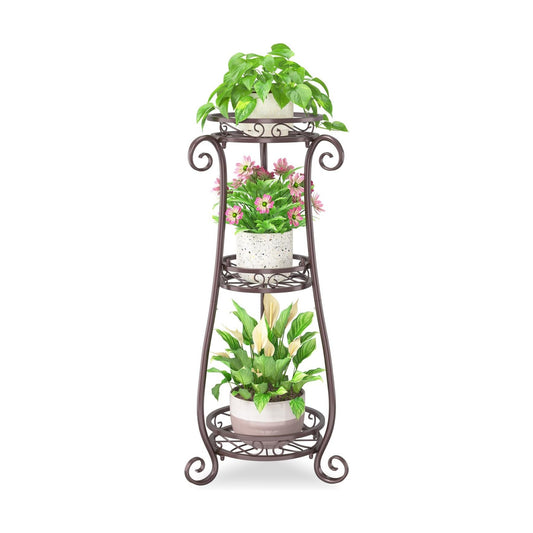 iDavosic.ly 3 Tier Tall Metal Plant Stand Outdoor Indoor, 34 Inch, Bronze | Corner Flower Pot Holder Shelf, Wrought