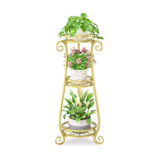 iDavosic.ly 3 Tier Tall Metal Plant Stand Outdoor Indoor, 34 Inch, Gold | Corner Flower Pot Holder Shelf, Wrought Iron