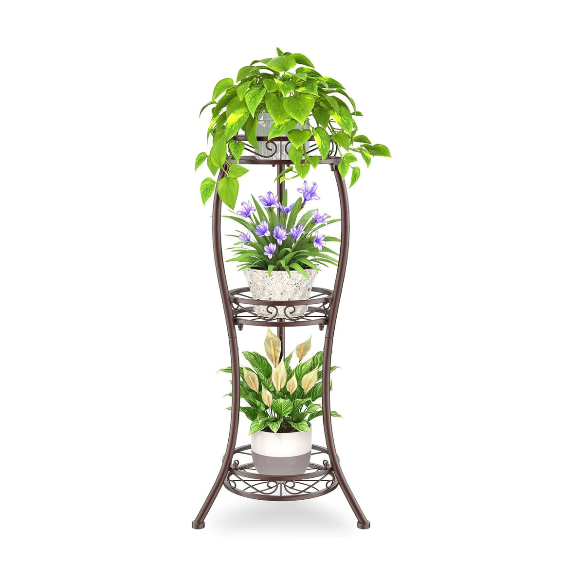 iDavosic.ly 3 Tier Metal Plant Stand Outdoor Indoor, 34 Inch Tall, Bronze | Corner Flower Pot Holder Shelf, Wrought