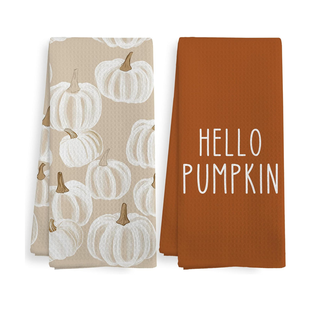 Fall Hello Pumpkin Kitchen Towels and Dishcloths Sets of 2, Fall Burnt Orange Beige White Pumpkin Decor Dish Hand Tea Towels Gifts for Bathroom Kitchen, Autumn Aesthetic Fall Decor, 16x24 in