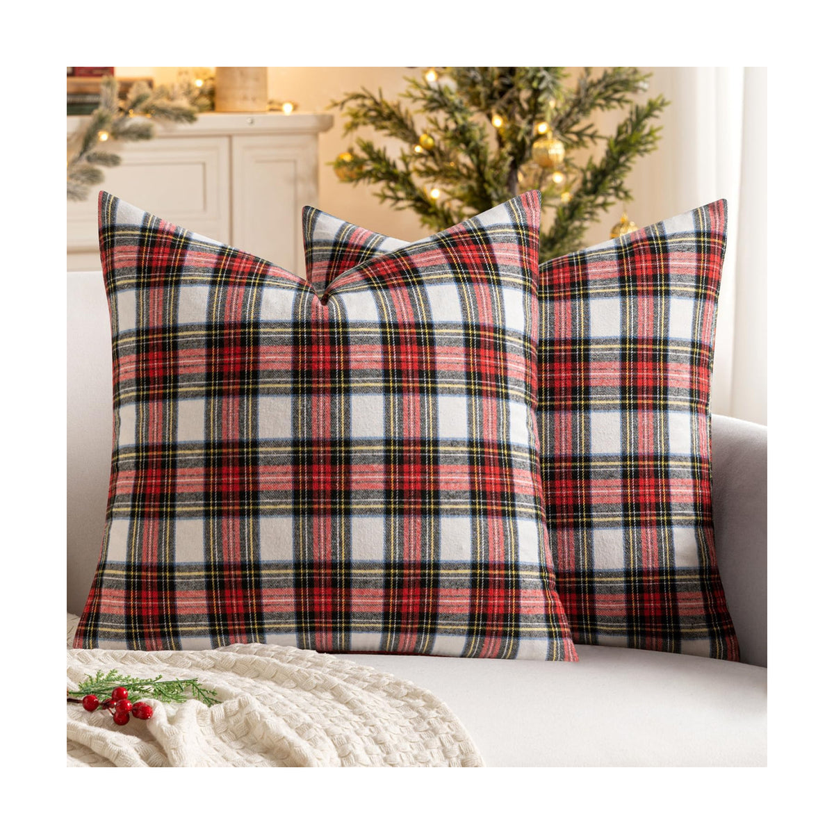 MIULEE Christmas Plaid Pillow Covers Scottish Tartan 26x26 Red and White