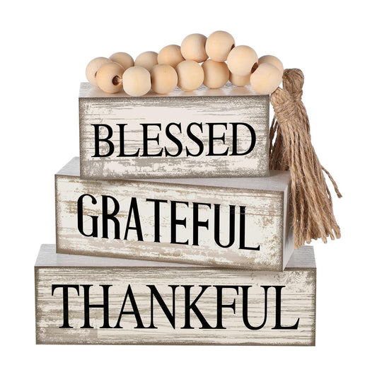 Farmhouse Wooden Tabletop Decor Neutral Farmhouse Tiered Tray Decor Rustic / Blessed / Set of 4