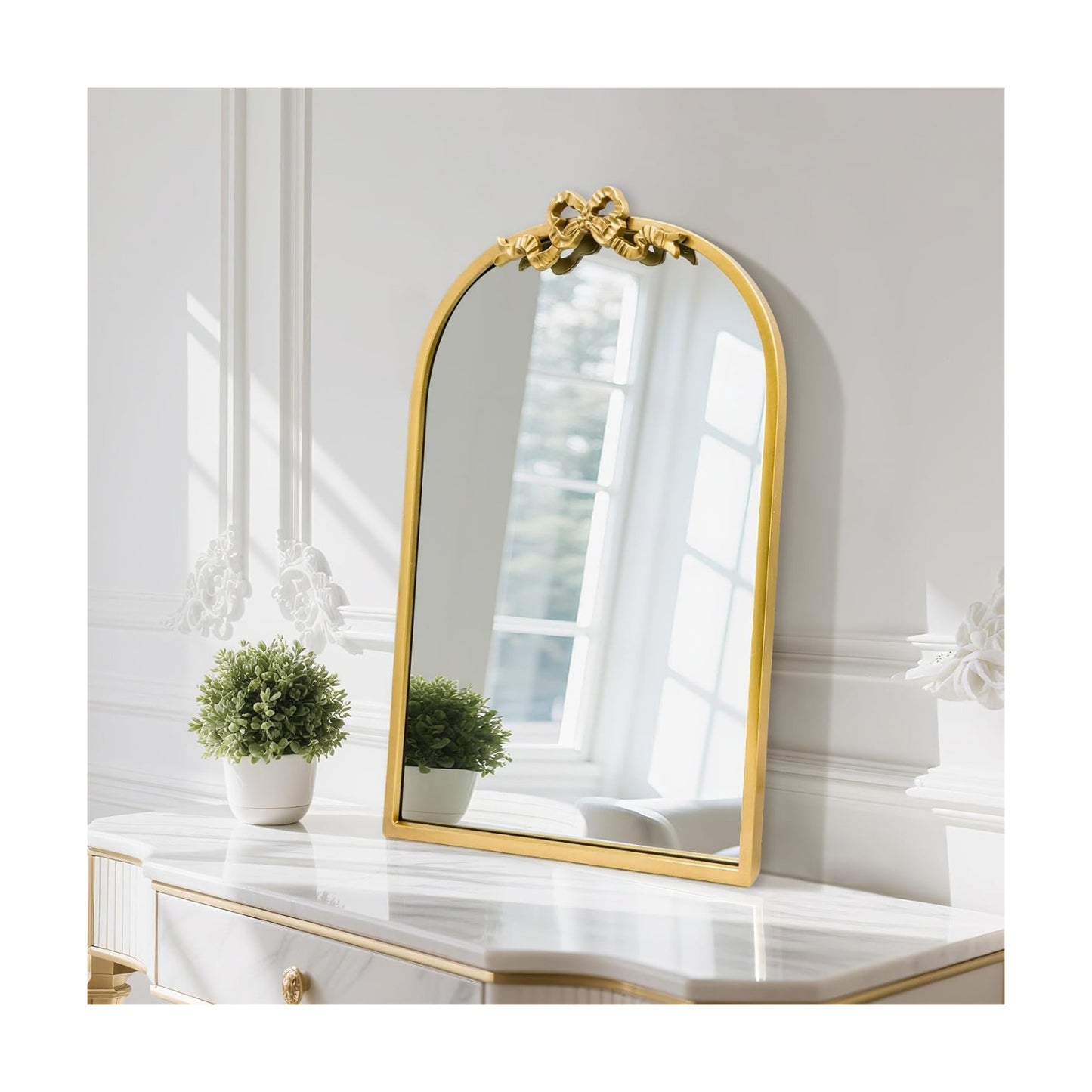 Metal Frame / Vintage Bow Mirror / Arched / 27"L x 19"W / Gold / 27 x 19