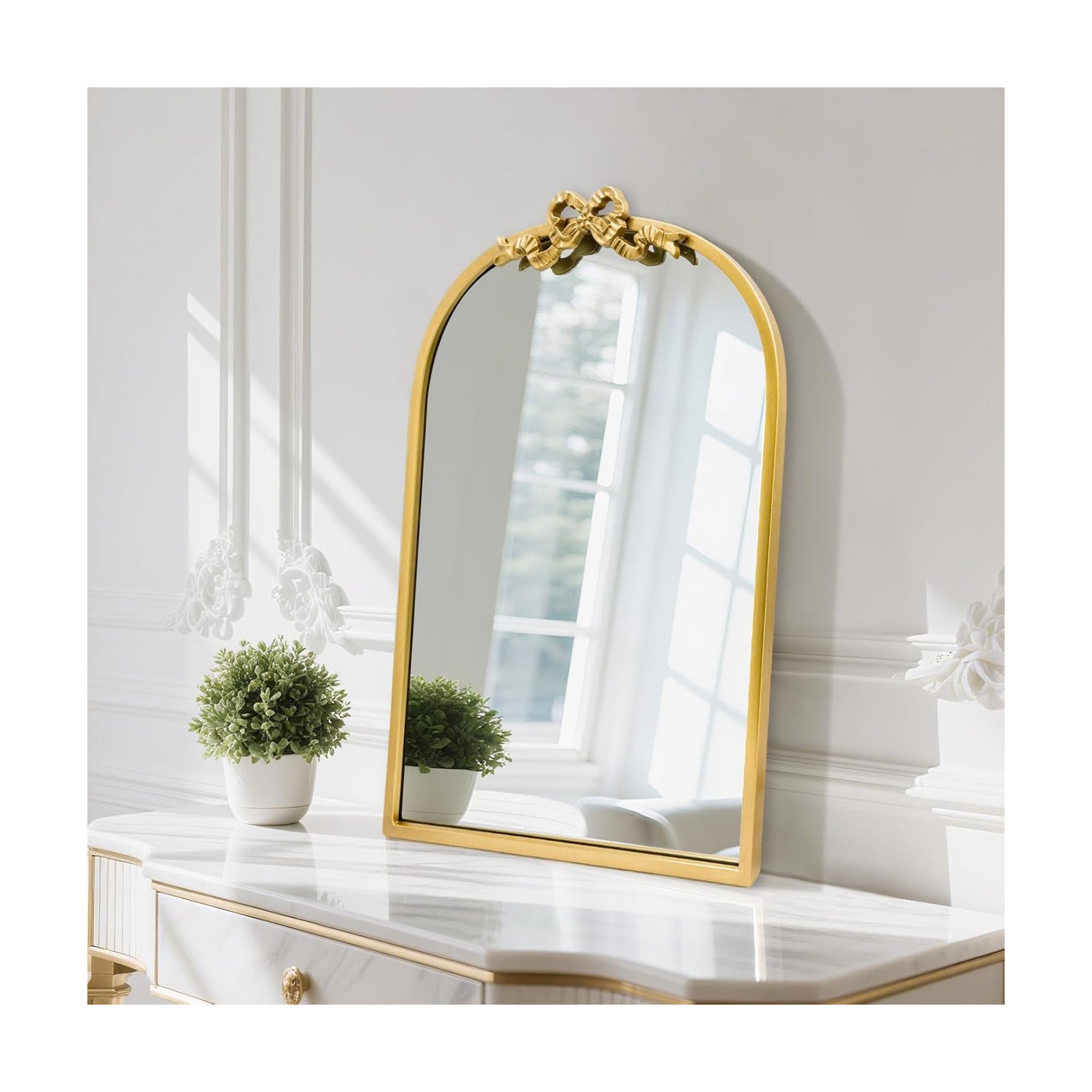Metal Frame / Vintage Bow Mirror / Arched / 27"L x 19"W / Gold / 27 x 19
