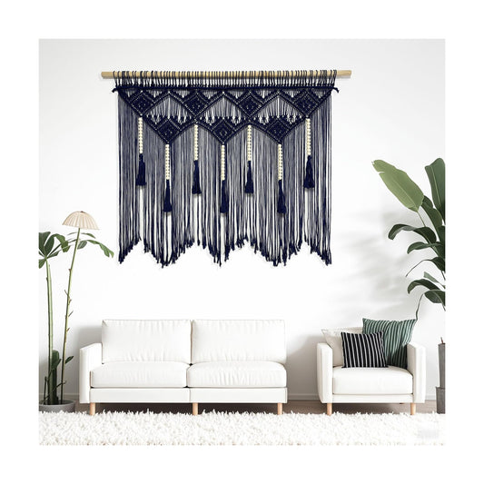 Large Macrame Wall Hanging Boho Woven Tapestry Bohemian Macrame Wall Decor Handmade Tassel / Navy