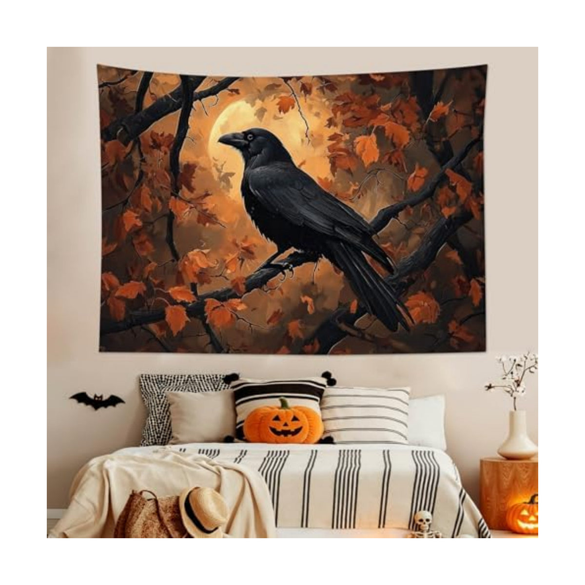 HVEST Fall Halloween Tapestry Wall Hanging Spooky Black Crow on Tree Branch Wall Art Orange Full Moon and Autumn Maple Leaf Tapestry for Bedroom Living Room Dorm Wall Decor, 51L X 59W inches