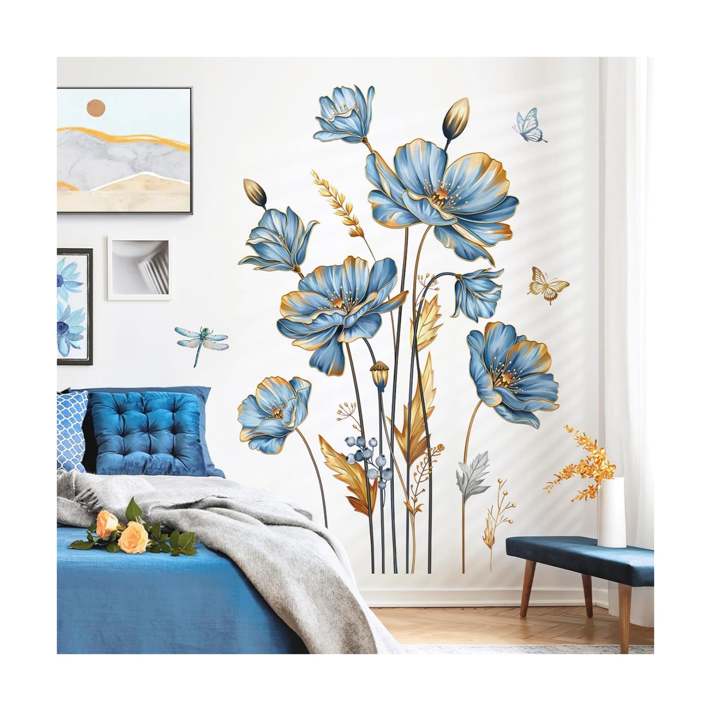 Large Flower Wall Stickers Floral Butterfly Plants Gold Leaves Wall Decals Bedroom Living / Blue