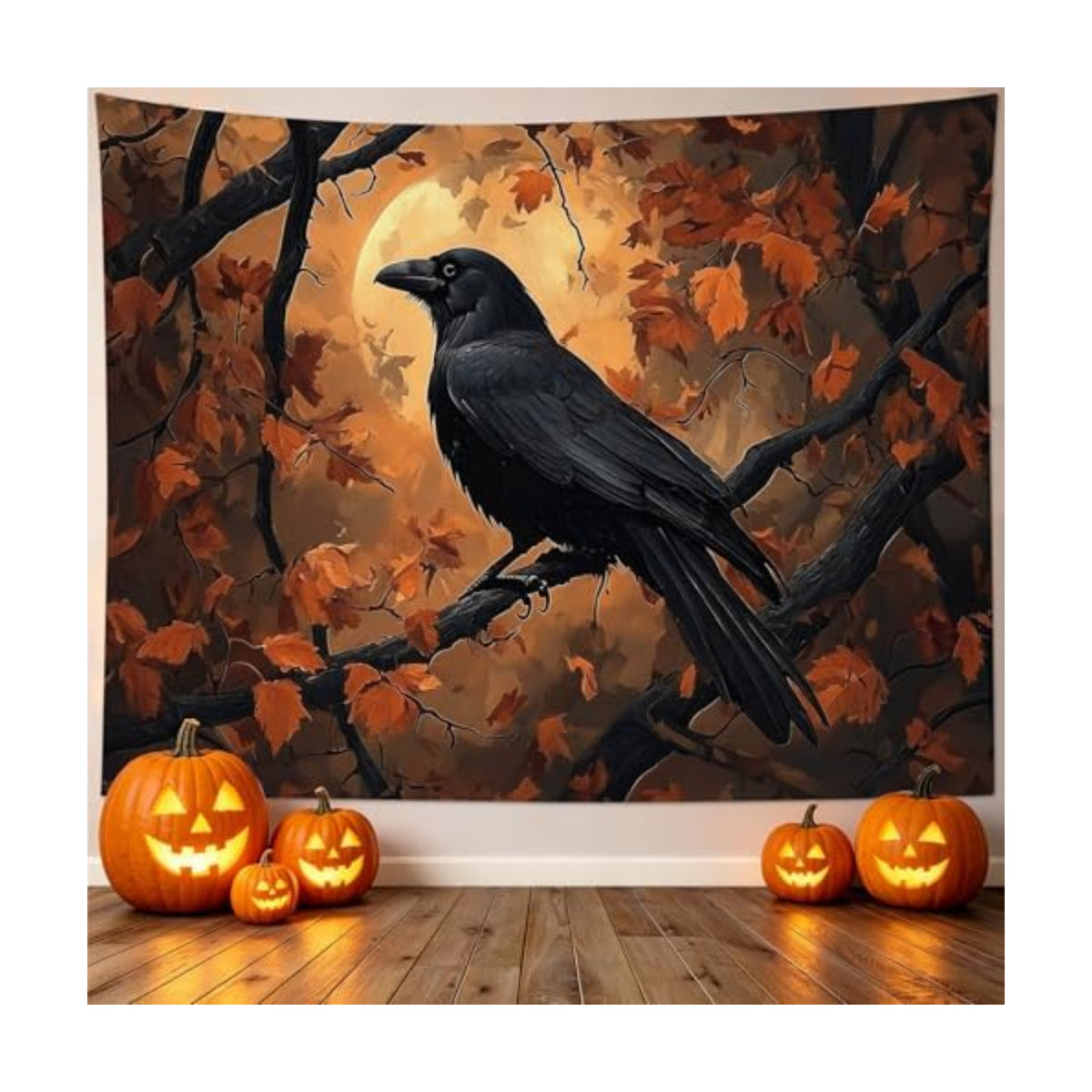 HVEST Fall Halloween Tapestry Wall Hanging Spooky Black Crow on Tree Branch Wall Art Orange Full Moon and Autumn Maple Leaf Tapestry for Bedroom Living Room Dorm Wall Decor, 60L X 80W inches
