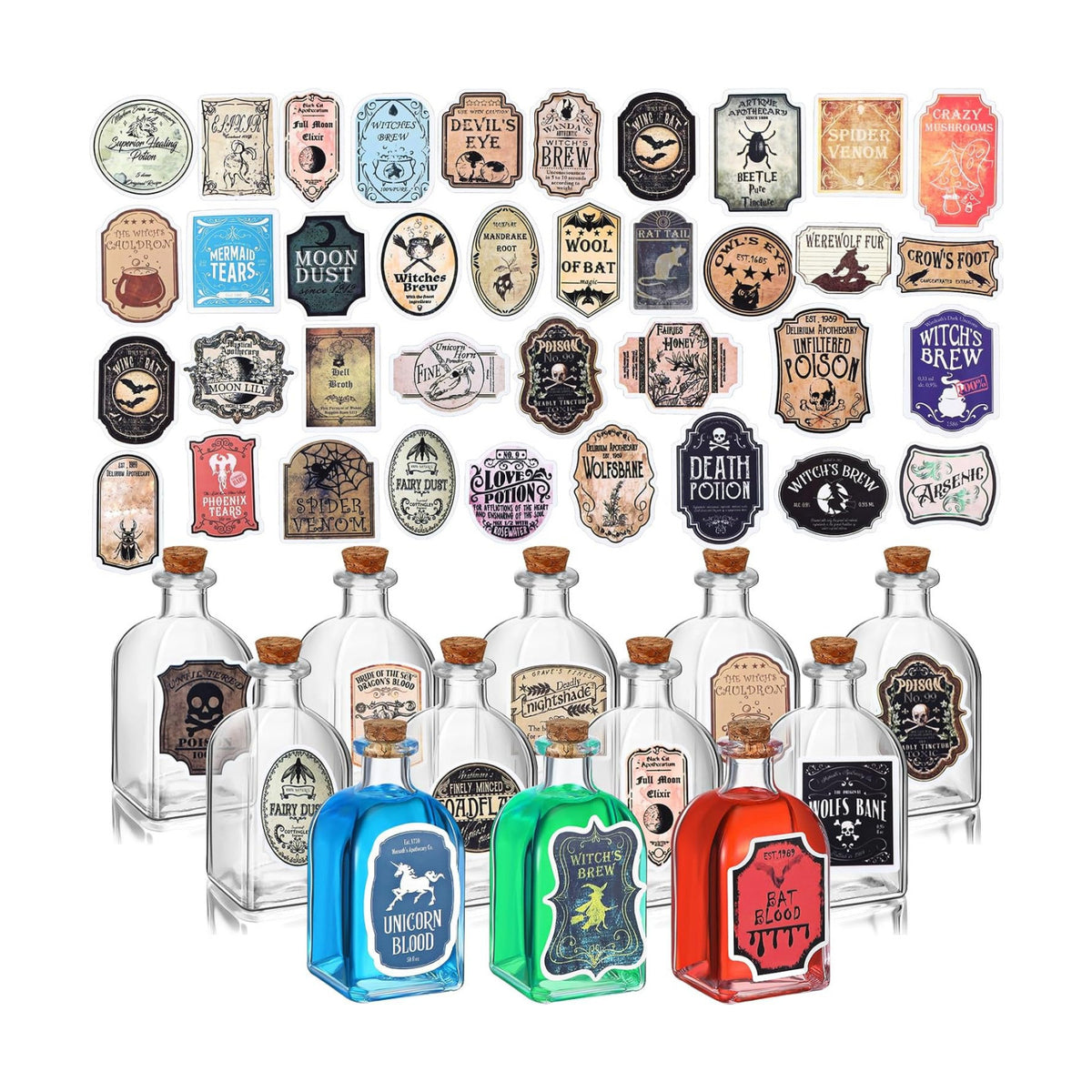 Baderke 12 Pcs Halloween Glass Potion Bottles with Stickers, Square