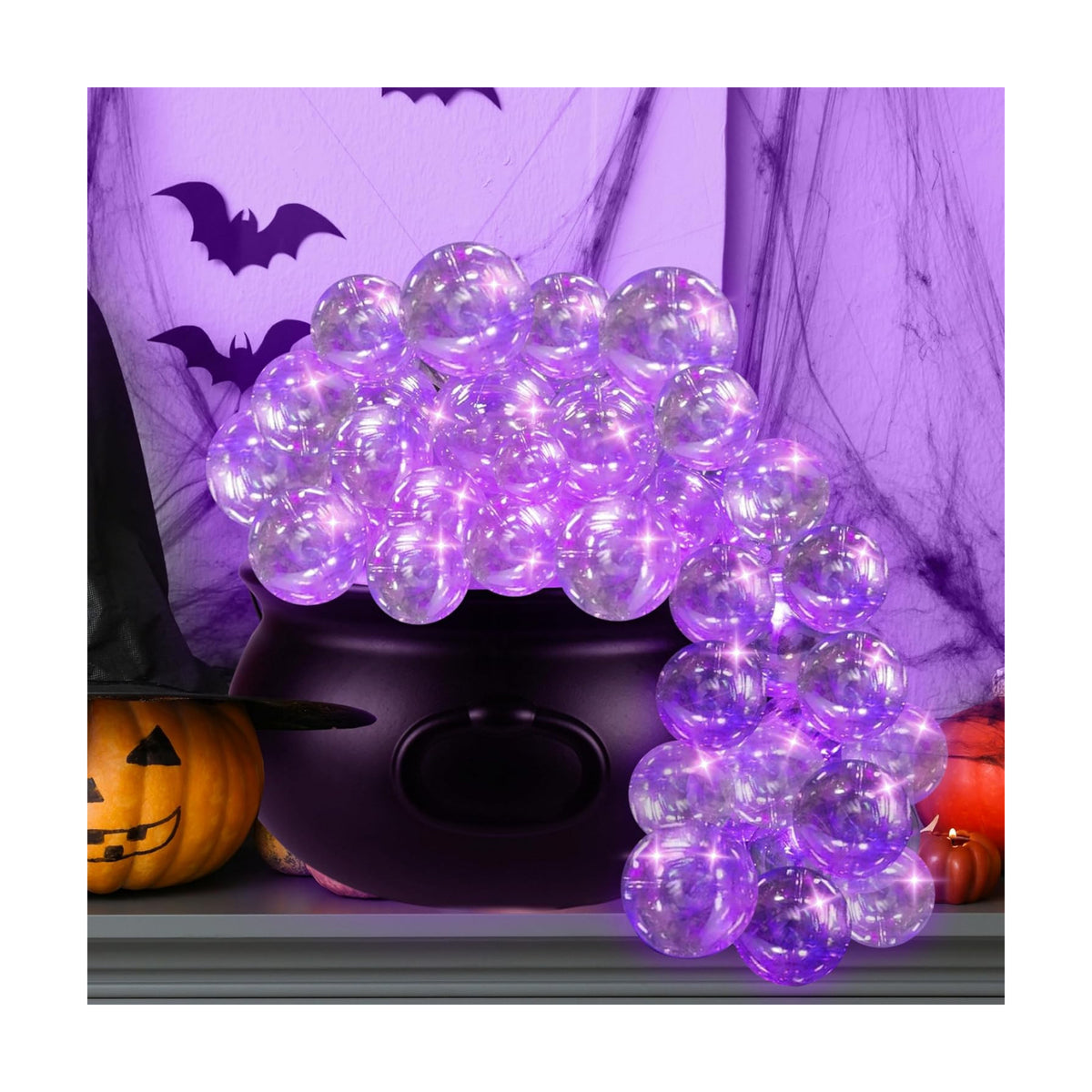 Halloween Witches Cauldron Decorations, DIY Bubbling Large Cauldron Bowl Set with Clear Plastic Balls and String Light for Halloween Hocus Pocus Party Indoor Outdoor Decor