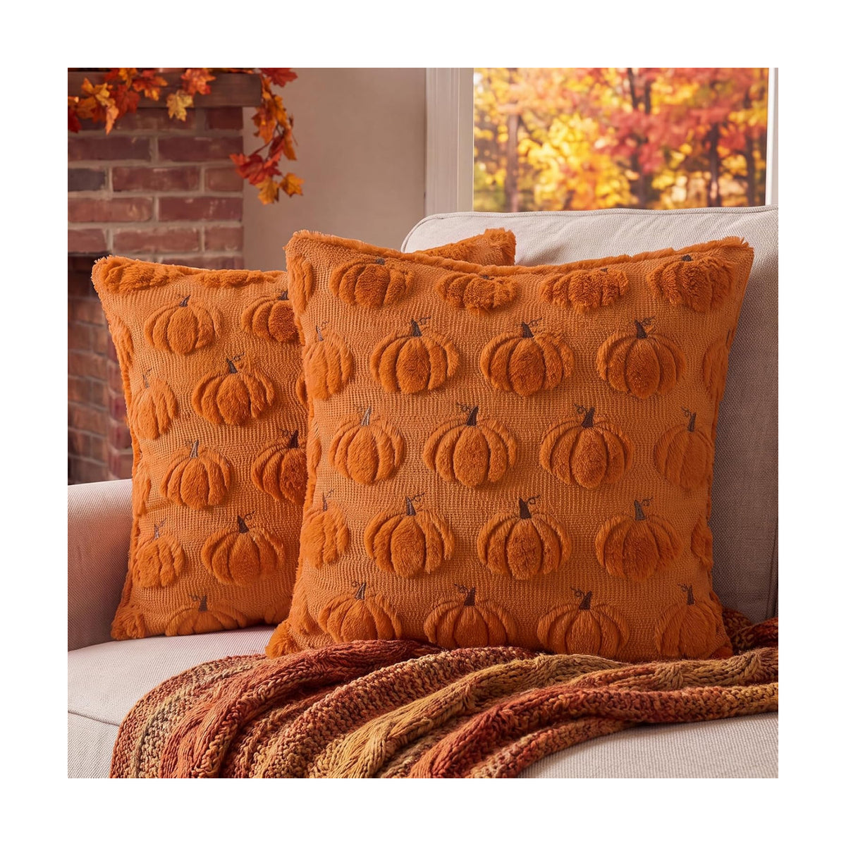 Softalker Fall Throw Pillow Covers 12x12 Set of 2 Small Rust Pumpkin Covers