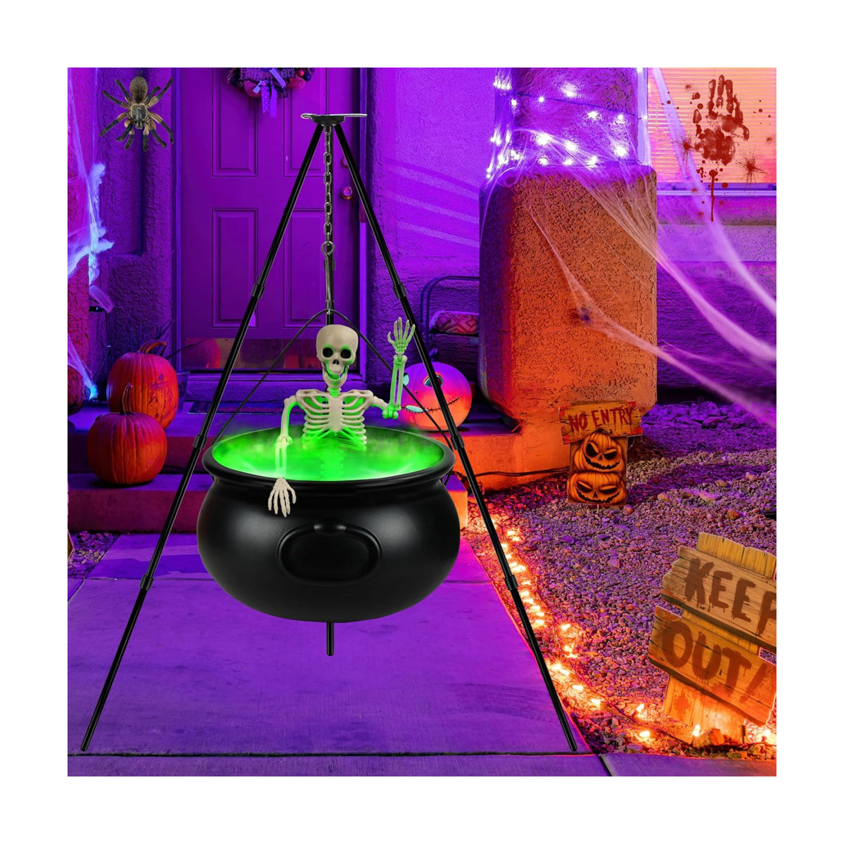 Halloween Decorations Outdoor, 12.6” Large Witches Cauldron Kettle on Tripod with Skeleton, LED Lights, Black Plastic Cauldron Candy Bowl Bucket Decoration for Yard Home Porch Outside Decor