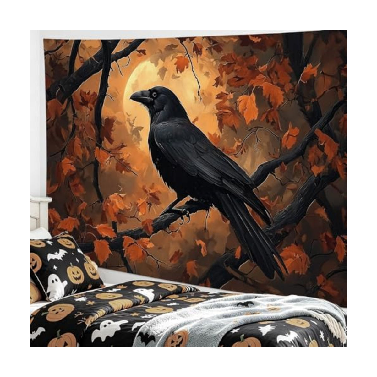 HVEST Fall Halloween Tapestry Wall Hanging Spooky Black Crow on Tree Branch Wall Art Orange Full Moon and Autumn Maple Leaf Tapestry for Bedroom Living Room Dorm Wall Decor, 70.9L X 92.5W inches
