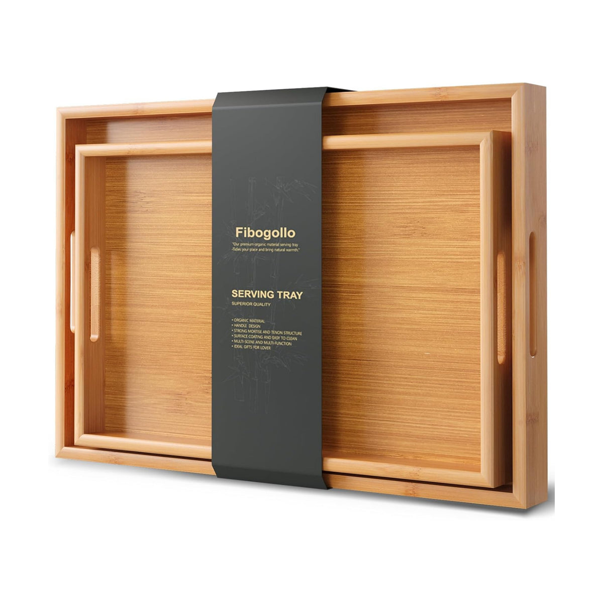 Fibogollo Bamboo Set of 2 Serving Tray with Handles,Decorative Trays Platter,Breakfast Tray in Bed,Food Drinks Tray for Eating,Working,Storing(Natural)