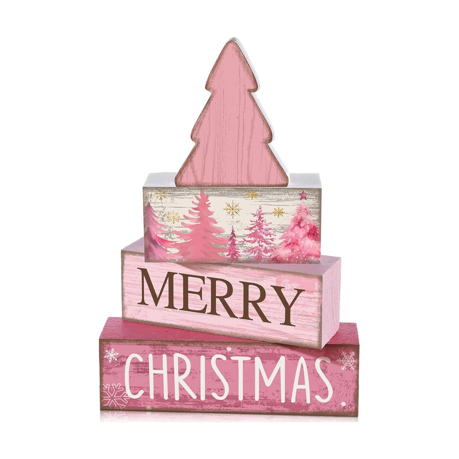 Lineshading 4 Pcs Wooden Merry Christmas Block Signs Pink Farmhouse Decor