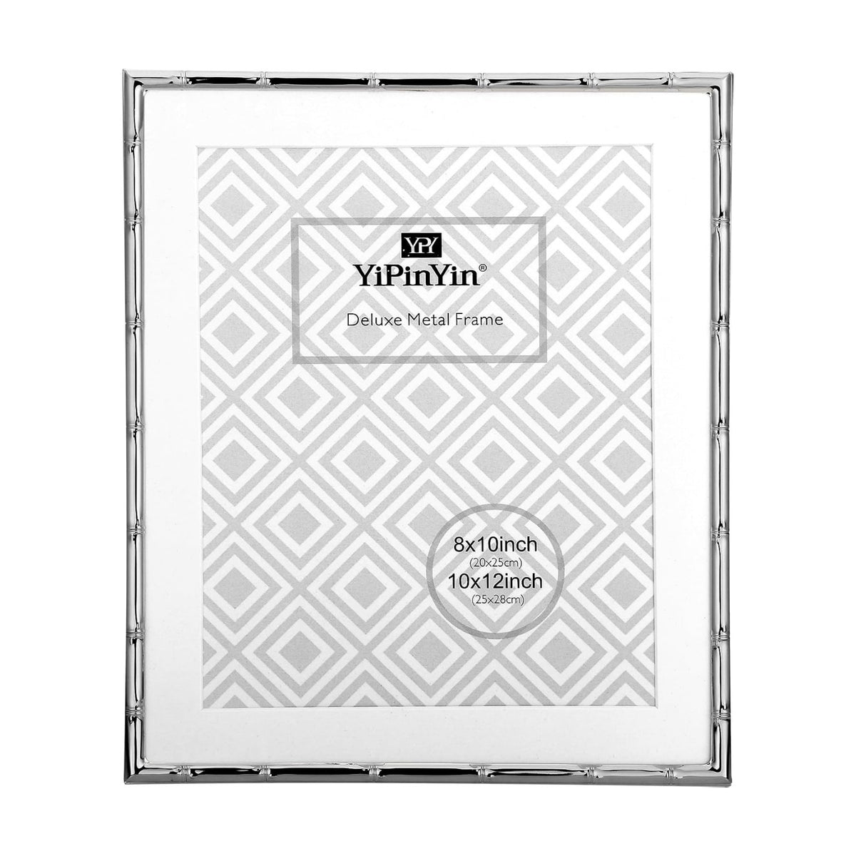 YiPinYin 10x12'' Silver Plated Metal Photo Frame Bamboo Detail, Acid-Free Mat for 8x10'' Photos, Velvet Backing, Narrow