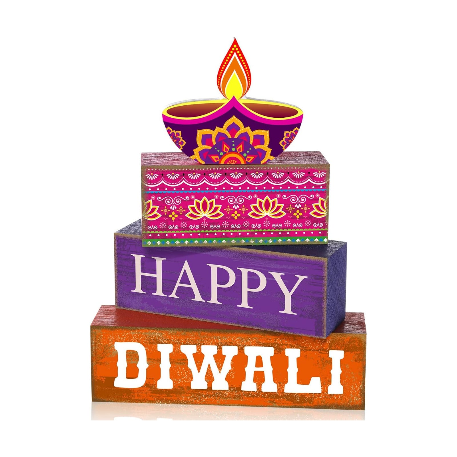 Lineshading 4 Pcs Wooden Diwali Tiered Tray Decor, Block Signs for Home