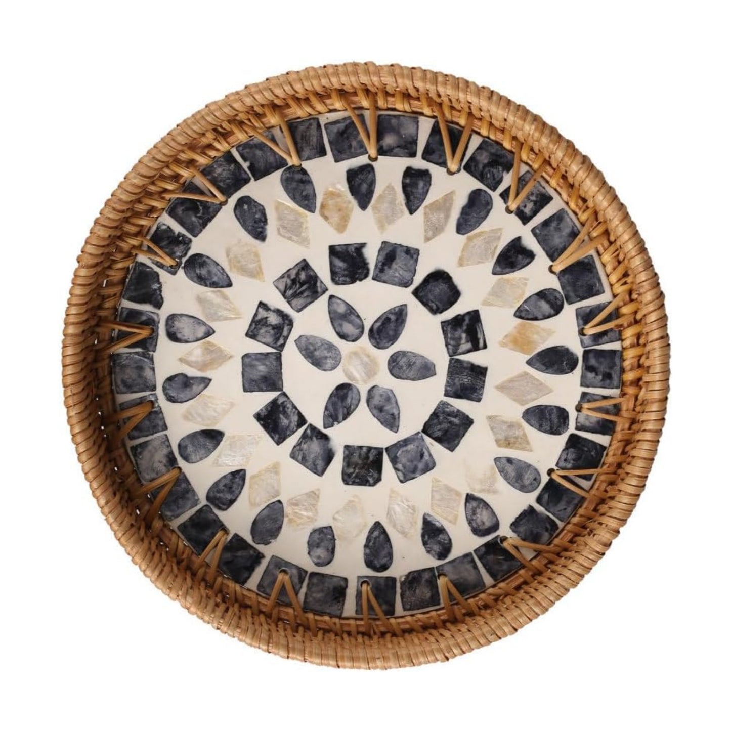 Round Rattan Tray / Mother of Pearl Inlay Aesthetic Wicker Jewelry Dishes for Snacks Fruits