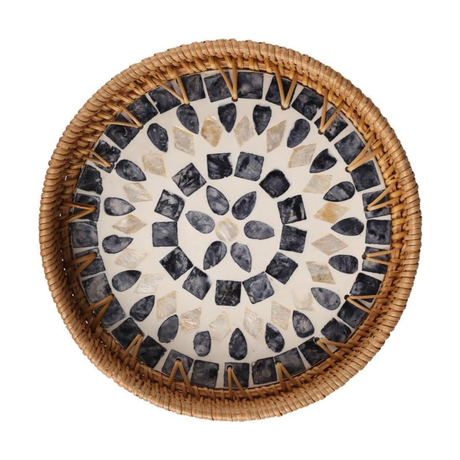 Round Rattan Tray / Mother of Pearl Inlay Aesthetic Wicker Jewelry Dishes for Snacks Fruits