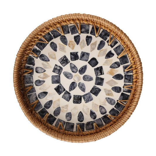 Round Rattan Tray / Mother of Pearl Inlay Aesthetic Wicker Jewelry Dishes for Snacks Fruits