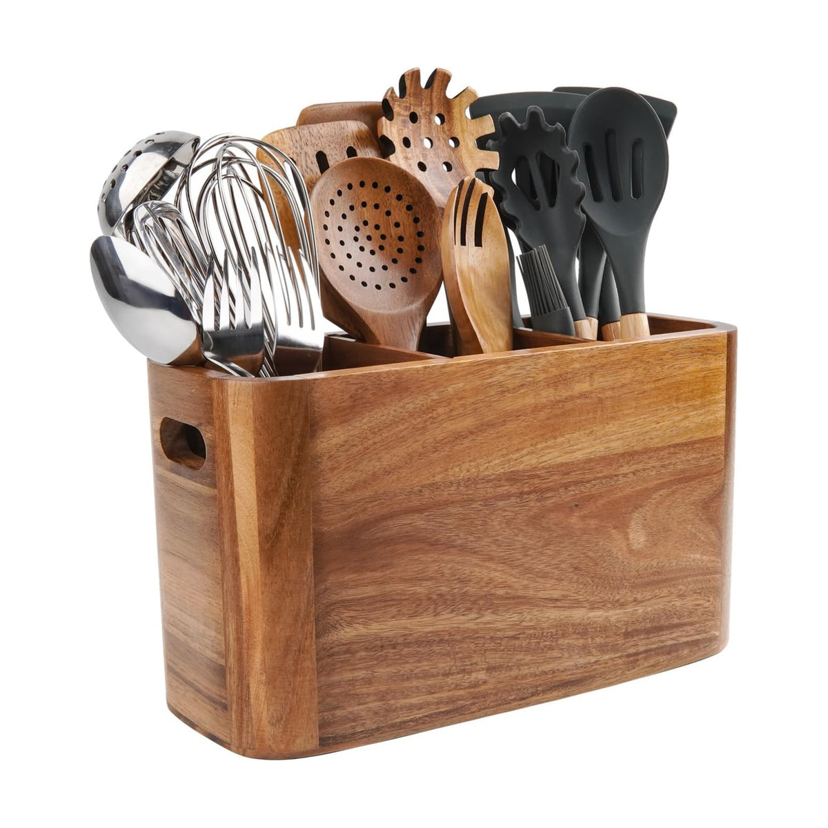 Large Acacia Wood Utensil Holder with 3 Compartments for Kitchen Counter, Extra Large Farmhouse Wooden Utensil