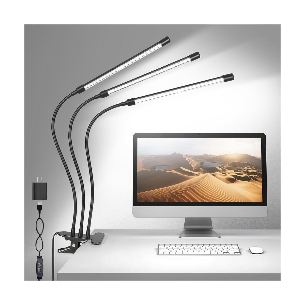 ShineTech 3-Head LED Desk Lamp with Clamp, Eye-Caring Clip on Lights | Ultra-Wide Lighting, 4 Color Modes, Stepless